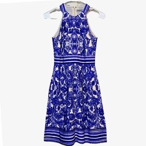 Eliza J Dress Halter Paisley Blue White Fit and Flare Striped Trim Size 2 EUC